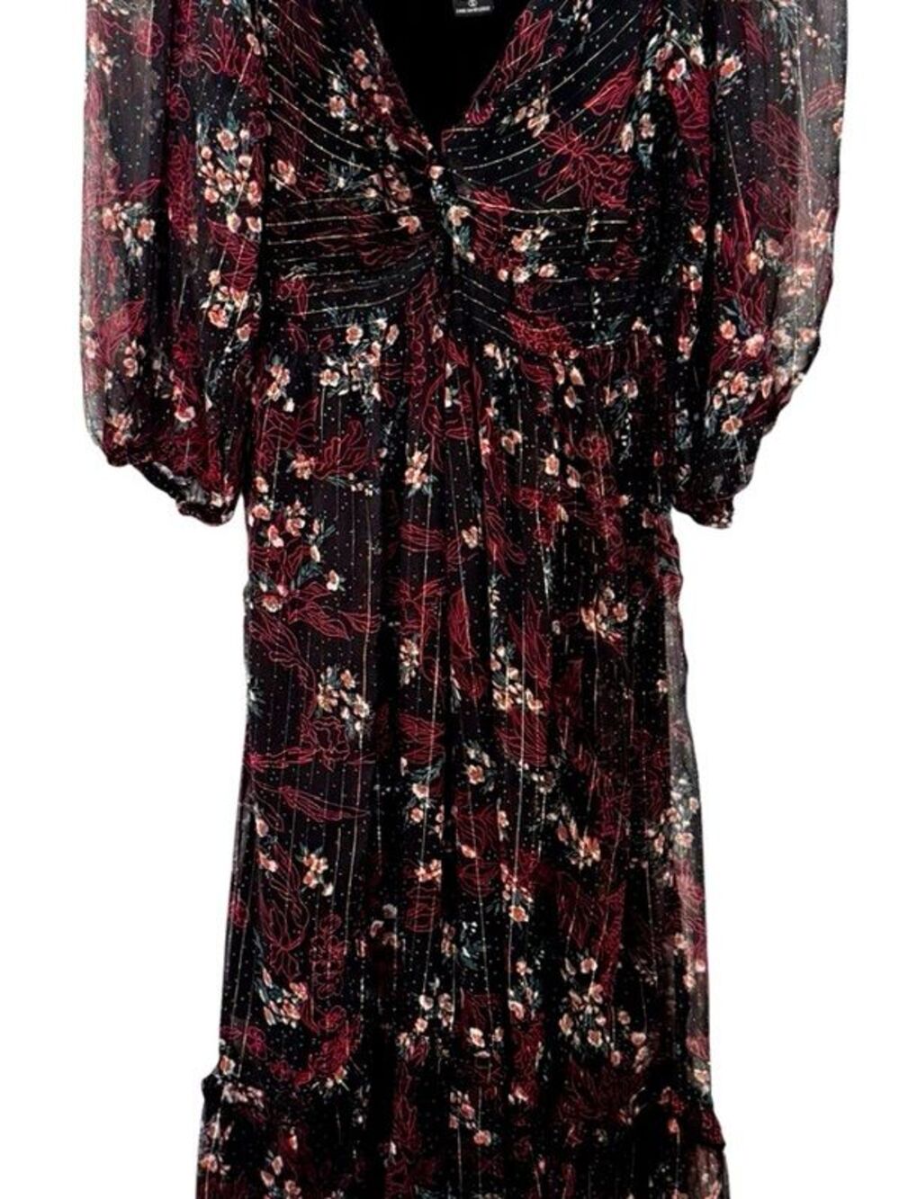 Angie Womens Sz S Black Floral Boho Midi Dress Puff Sleeve Cottage Festival